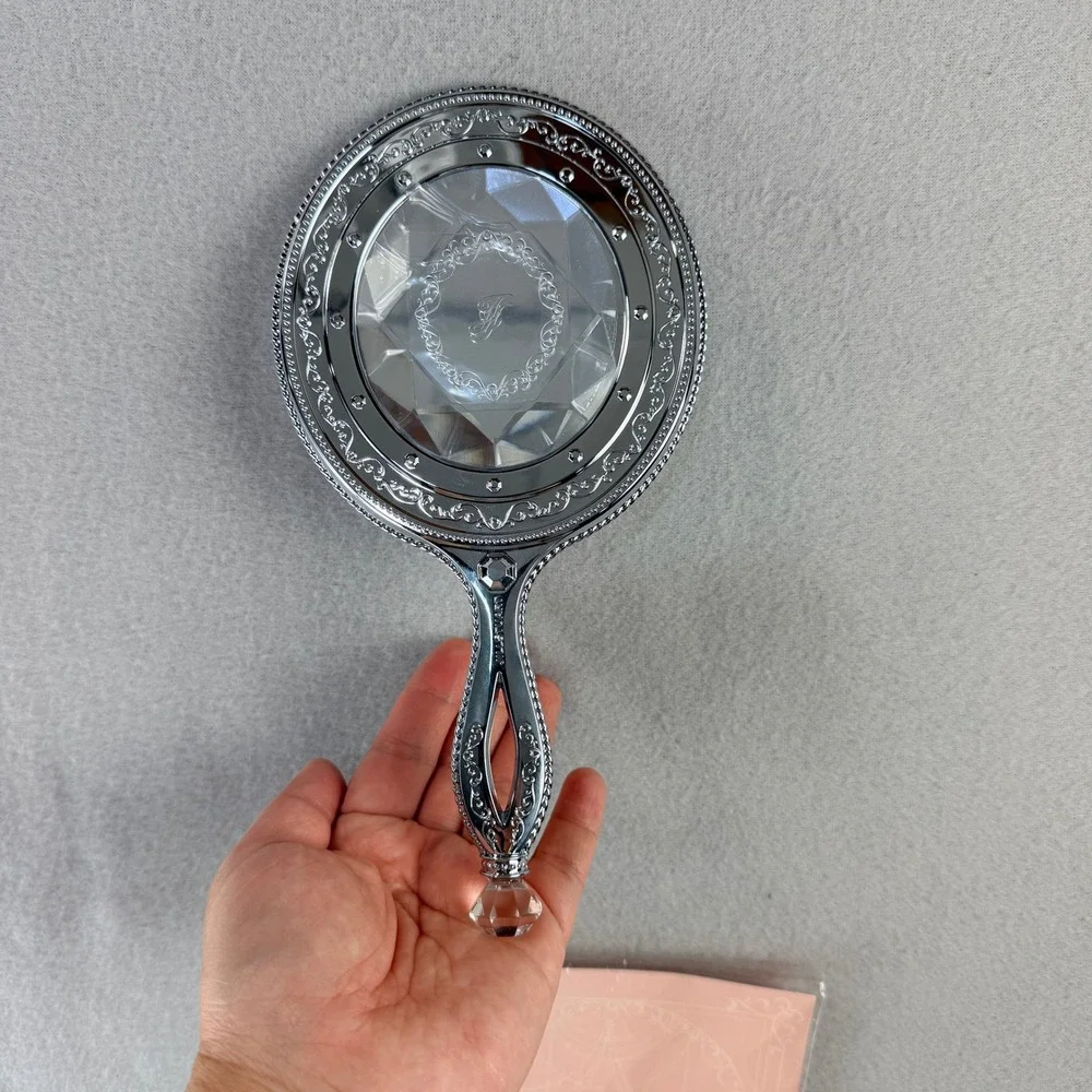 Jill Stuart Silver Ornate Hand Mirror Faceted Crystal Back Monogram J New